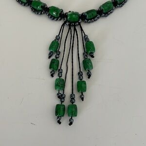 Handmade adjustable & reversible macrame green beads and hematite pearl necklace